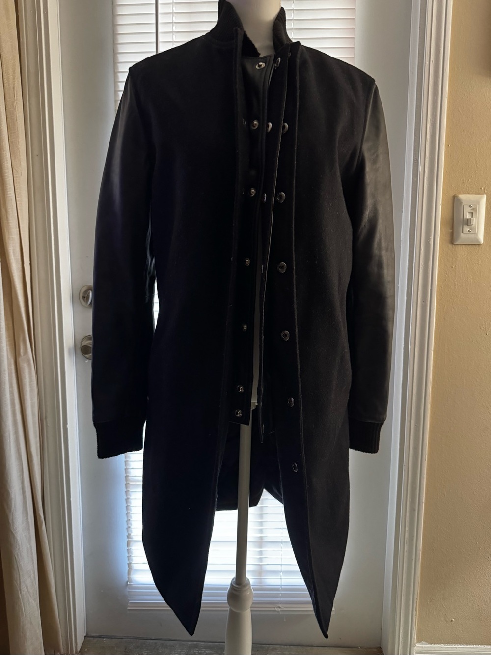OAK Black Long Coat with Leather Sleeves